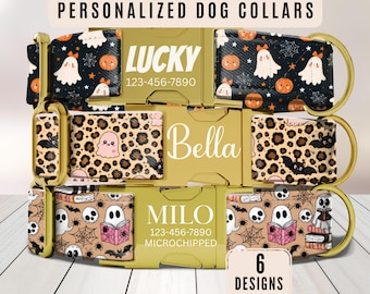 Cute Halloween Dog Collar, Personalized Name Collar, Ghost Pumpkin Dog Collar, Fall Puppy Accessory, Engraved Custom Buckle, Matching Leash