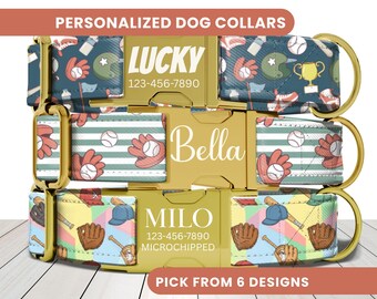 Boy Baseball Dog Collar, Personalized Engraved Name Collar, USA Sport Dog Collar, Cute Girl Dog Collar, Custom Pet ID Collar, Puppy Collar