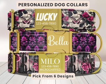 Goth Dog Collar, Personalized Dog Collar, Engraved Name Collar, Skull & Rose Dog Collar, Cute Girl Dog Collar, Puppy Collar, Leash accessory