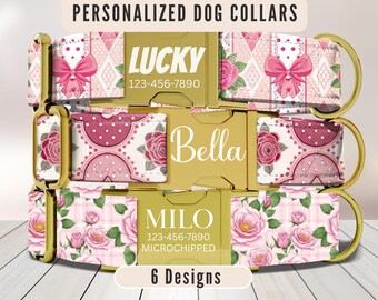 Coquette Dog Collar, Personalized Dog Collar, Custom Engraved Name Collar, Pink Bow Dog Collar, Floral Rose Puppy Collar, Matching Leash
