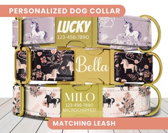 Personalized Unicorn Dog Collar, Custom Name & Phone Collar, Rainbow Dog Collar, Cute Puppy Collar, Matching Leash, Dog Accessory, Dog ID