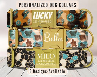 Personalized Western Dog Collar, Cow Print Collar, Engraved Name Buckle, Turquoise Boho Dog Collar, Adjustable Fit, Matching Leash, Dog Gift