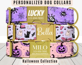 Pink Halloween Dog Collar, Personalized Dog Collar with Name, Engraved Custom Collar, Ghost Pumpkin Puppy Collar, Matching Leash, Pet ID