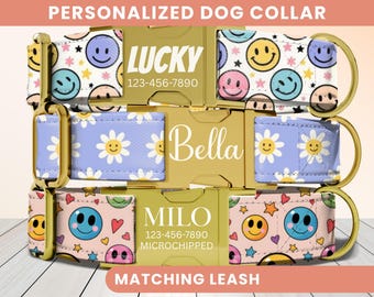 Smiley Face Dog Collar, Personalized Engraved Name Collar, Custom Dog ID Tag, Puppy Collar, Cute Girl Dog Collar,Puppy Collar,Retro Flower