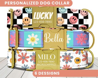 Smiley Face Dog Collar, Personalized Engraved Name Collar, Custom Dog ID Tag, Puppy Collar, Cute Girl Dog Collar,Puppy Collar,Retro Flower