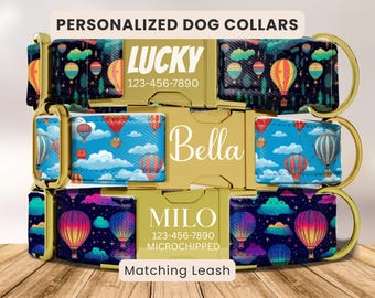 Balloon Dog Collar,Personalized Dog Collar with Name,Engraved Custom Dog Collar,Cute Dog Collar, Hot Air Balloon Dog Gift,Size Small–XLarge