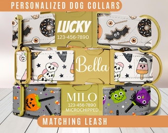 Trick or Treat Dog Collar, Personalized Dog Collar with Name, Candy Puppy Collar, Engraved Custom Buckle, Leash, Dog Accessories, Pet ID Tag