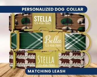 Camping Dog Collar, Personalized Dog Collar, Engraved Name Collar, Bear & Pine Dog Collar, Rustic Plaid Dog Collar, Pup Collar, Leash Add On