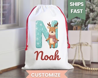 Personalized Reindeer Santa Sack for Kids with Name & Initial,  Custom Christmas Gift Bag,Reindeer Present Sack, Christmas Morning Bag