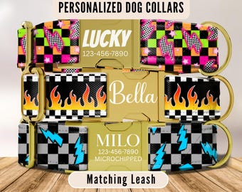 Retro Dog Collar, Personalized Dog Collar, Checkerboard Dog Collar, Engraved Name Buckle, Lightning & Flame Collar, Matching Leash