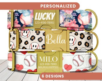 Baseball Dog Collar, Personalized Engraved Name Collar, Pink Sport Dog Collar, Cute Girl Dog Collar, Custom Pet ID Collar, Puppy Collar