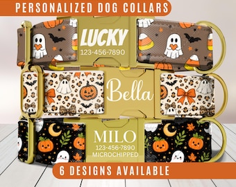 Cute Halloween Dog Collar, Personalized Name Collar, Ghost Pumpkin Dog Collar, Fall Puppy Accessory, Engraved Custom Buckle, Matching Leash