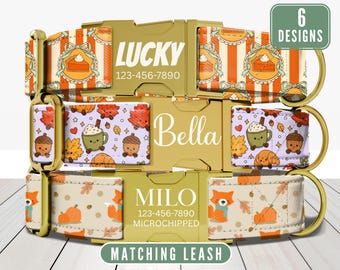 Thanksgiving Dog Collar, Personalized Puppy Collar, Pumpkin Pie & Turkey Print, Custom Engraved Name Buckle, Leash, Dog Accessory, Dog Gift