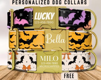 Bat Dog Collar, Personalized Dog Collar with Name, Engraved Custom Dog Collar, Halloween Puppy Dog Collar, Leash, Pet ID Collar, Dog Gift