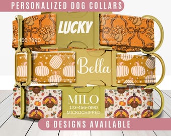 Fall Dog Collar, Personalized Dog Collar with Name, Thanksgiving Turkey Collar, Pumpkin Puppy Collar, Engraved Custom Buckle, Matching Leash