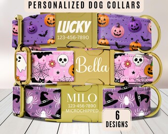 Pink Halloween Dog Collar, Personalized Dog Collar with Name, Engraved Custom Collar, Ghost Pumpkin Puppy Collar, Matching Leash, Pet ID