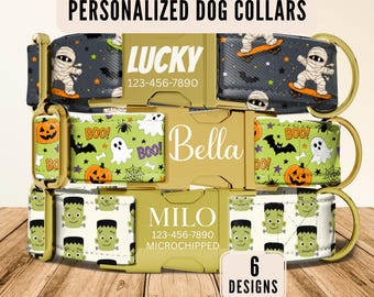Halloween Dog Collar, Personalized Dog Collar with Name, Engraved Custom Dog Collar, Ghost Mummy Frankenstein Puppy Collar, Leash,Pet ID Tag