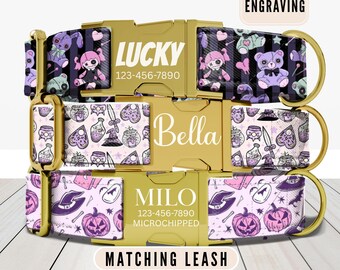 Witch Dog Collar, Personalized Halloween Dog Collar with Name, Engraved Custom Dog Collar, Puppy Collar, Leash, Dog Accessories, Pet ID