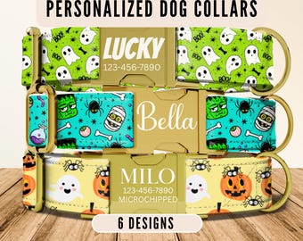 Halloween Dog Collar, Personalized Dog Collar with Name, Engraved Custom Dog Collar, Ghost Mummy Frankenstein Puppy Collar, Leash,Pet ID Tag