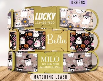 Personalized Ghost Dog Collar,  Floral Halloween Dog Collar With Name, Engraved Dog Collar, Custom Engraved Dog Collar, Leash, Puppy Collar
