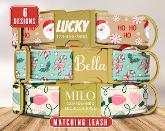 Personalized Christmas Dog Collar, Custom Dog Collar with Name, Cute Santa & Reindeer Puppy Collar, Engraved Custom Buckle,  Matching Leash