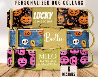 Halloween Dog Collar, Personalized Dog Collar with Name, Pumpkin Puppy Collar, Engraved Custom Buckle, Leash, Boy Collar, Dog Accessory