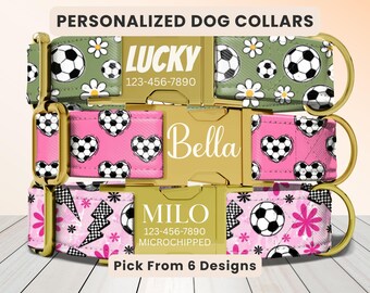 Pink Soccer Dog Collar, Personalized Engraved Name Collar, Football Dog Collar, Cute Girl Dog Collar, Custom Pet ID Collar, Puppy Collar