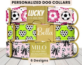 Pink Soccer Dog Collar, Personalized Engraved Name Collar, Football Dog Collar, Cute Girl Dog Collar, Custom Pet ID Collar, Puppy Collar