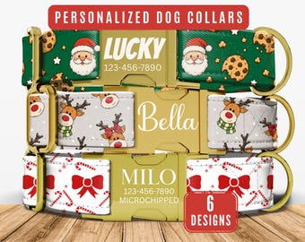 Personalized Santa Claus Dog Collar, Custom Dog Collar with Name, Cute Puppy Collar, Engraved Custom Buckle,  Matching Leash, Pet Accessory