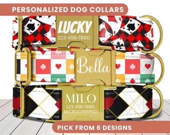 Casino Dog Collar, Personalized Engraved Name Collar, Playing Card Dog Collar, Unique Dog Collar, Custom Dog ID Tag, Puppy Collar, Dog Gifts