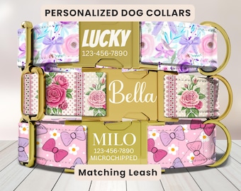 Coquette Dog Collar, Personalized Dog Collar, Custom Engraved Name Collar, Pink Bow Dog Collar, Floral Rose Puppy Collar, Matching Leash