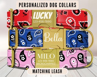 Paisley Dog Collar, Personalized Dog Collar, Bandana Dog Collar, Engraved Name Buckle, Red Blue Pink Collar, Matching Leash, Cute Puppy Gift