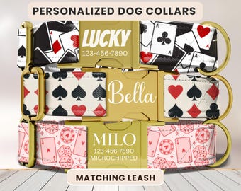 Casino Dog Collar, Personalized Engraved Name Collar, Playing Card Dog Collar, Unique Dog Collar, Custom Dog ID Tag, Puppy Collar, Dog Gifts