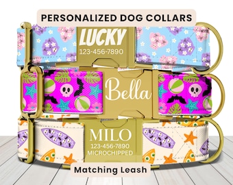 Summerween Dog Collar, Personalized Dog Collar, Summer Dog Collar, Engraved Name Collar, Cute Girl Puppy Collar, Halloween Collar, Leash