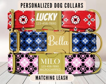 Bandana Floral Dog Collar, Personalized Dog Collar, Paisley Dog Collar, Engraved Name Buckle, Red Blue Pink Collar,Matching Leash,Puppy Gift