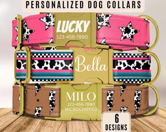 Personalized Southwestern Dog Collar, Cow Print Collar, Engraved Name Buckle, Aztec Pattern, Adjustable Fit, Matching Leash, Pet ID,Dog Gift