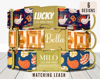 Fall Dog Collar, Personalized Dog Collar with Name, Thanksgiving Turkey Collar, Pumpkin Puppy Collar, Engraved Custom Buckle, Matching Leash