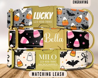 Candy Corn Dog Collar, Personalized Dog Collar with Name, Engraved Custom Dog Collar, Halloween Puppy Dog Collar, Matching Leash, Pet ID