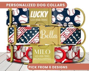 Boy Baseball Dog Collar, Personalized Engraved Name Collar, USA Sport Dog Collar, Cute Girl Dog Collar, Custom Pet ID Collar, Puppy Collar