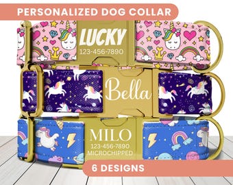 Unicorn Dog Collar, Personalized Dog Collar, Summer Dog Collar, Engraved Name Collar, Cute Girl Puppy Collar, Rainbow Collar, Leash