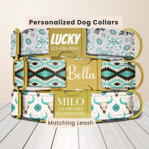 May include: Three personalized dog collars with gold buckles. The collars feature various patterns, including bows, geometric designs, and bull skulls. Each collar displays a name and phone number. The text "Personalized Dog Collars" is at the top.