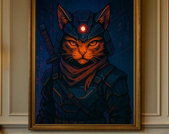 Cyberpunk Samurai Cat Printable Wall Art – Futuristic Digital Art Download – Neon City Cat Poster – Set of 6 Sizes – Sci-Fi Home Decor