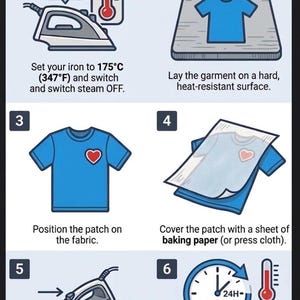 May include: An illustrated guide for applying iron-on patches. The steps include setting the iron to 175°C, placing the garment on a heat-resistant surface, positioning the patch, covering with baking paper, applying pressure for 27 seconds, and allowing it to cool for 24 hours.