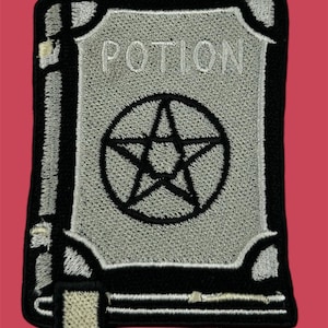 Witchcraft Spell Book Patch - Black , Silver Pentagram Embroidery - 2.7x3.5 inches - Gothic Potion Grimoire - Iron On Badge for Denim & Bags