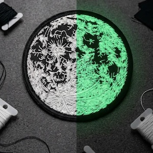 Glow in the Dark Moon Patch, 3 Inch White & Black Full Moon, Celestial Witchy Aesthetic, Embroidered Iron On Luminous Thread Badge