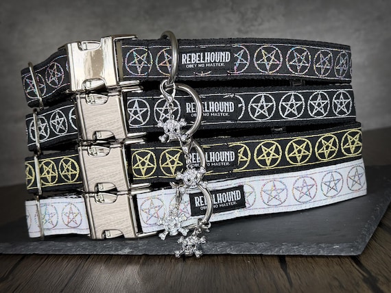 COVEN Pentacle Dog Collar – Handmade Adjustable Collar in Gold, Silver, Black or White for Small, Medium and Large Dogs