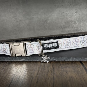 May include: A white pet collar featuring a repeating pattern of iridescent pentagrams, a silver-toned metal side-release buckle, and a black fabric tag with the white text REBELHOUND OBEY NO MASTER. A small silver skull charm hangs from the D-ring.