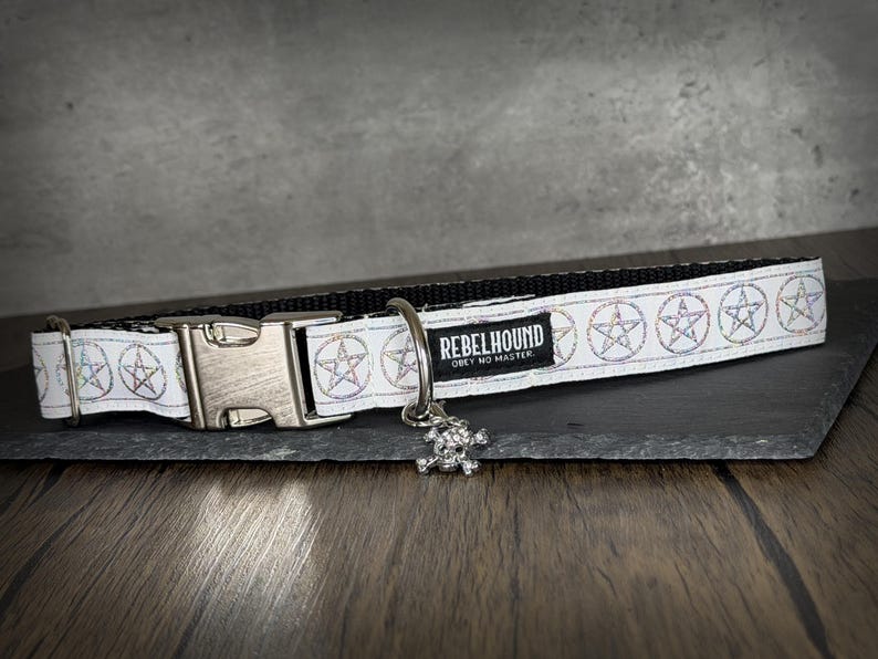 May include: A white pet collar featuring a repeating pattern of iridescent pentagrams, a silver-toned metal side-release buckle, and a black fabric tag with the white text REBELHOUND OBEY NO MASTER. A small silver skull charm hangs from the D-ring.