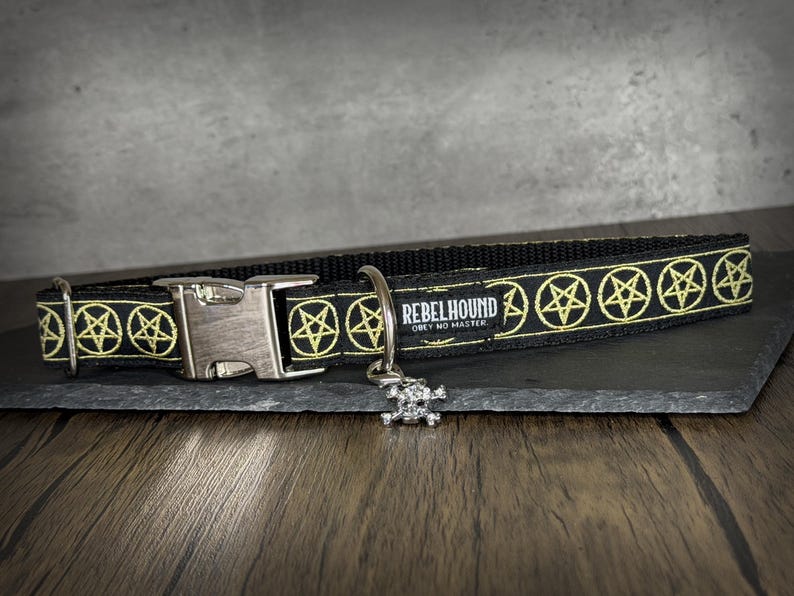 May include: A black pet collar featuring a repeating pattern of yellow pentagrams. The collar includes a silver-toned plastic side-release buckle, a metal D-ring, and a small skull-shaped charm. A label reads REBELHOUND OBEY NO MASTER.