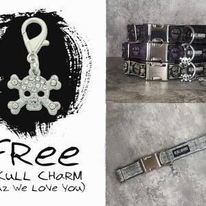 May include: A silver-toned skull charm with embedded clear rhinestones and a lobster clasp, accompanied by three stacked pet collars featuring skull patterns and metal buckles, plus one additional grey patterned collar with a metal buckle.